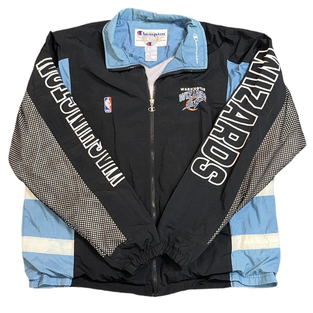 VTG CHAMPION NBA men's blue + black wizards nylon windbreaker, XL.